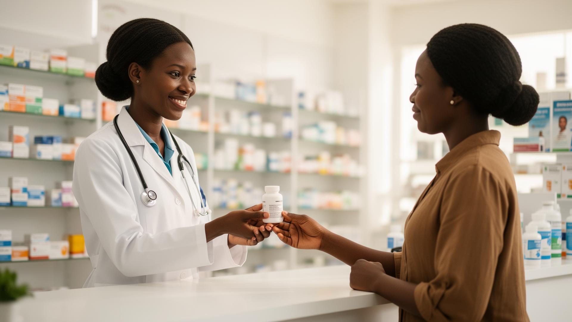 Novella pharmacist assisting a customer